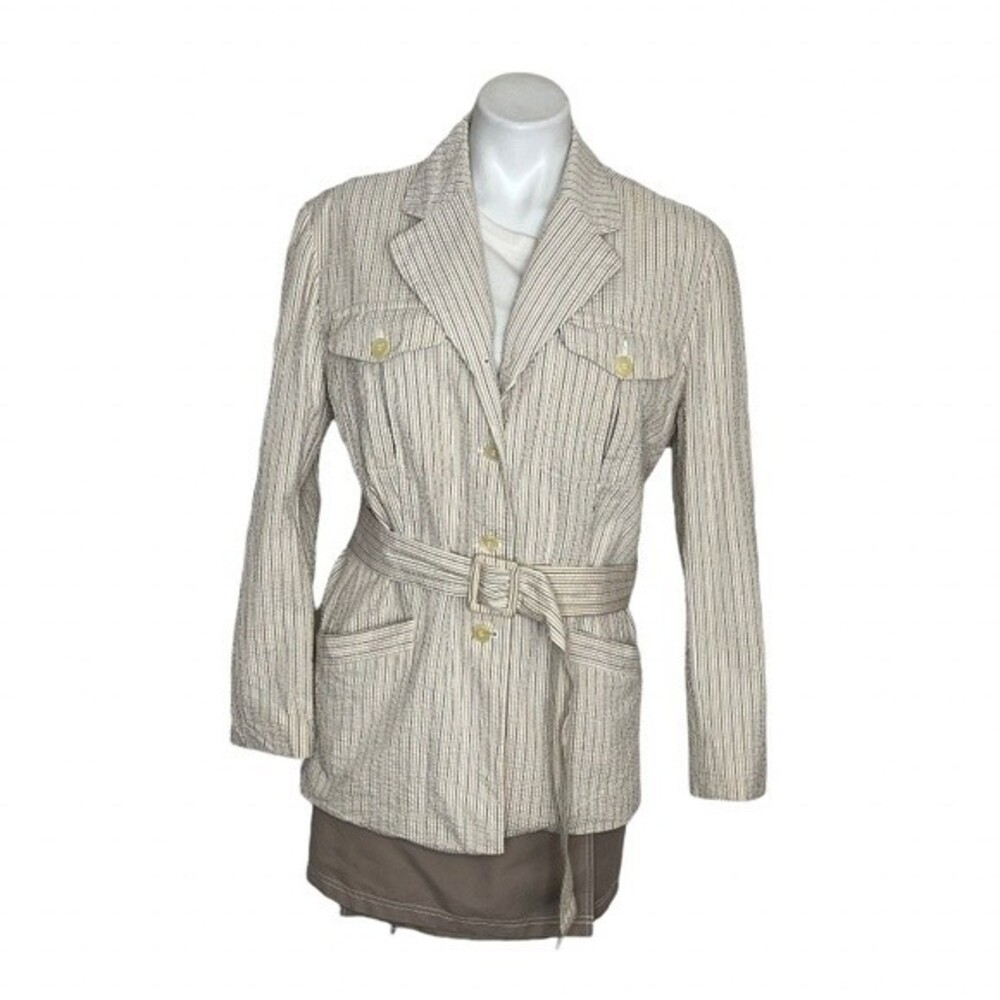 ESPRIT Striped Seersucker Blazer Jacket Belt Lined Womens Size Large VINTAGE